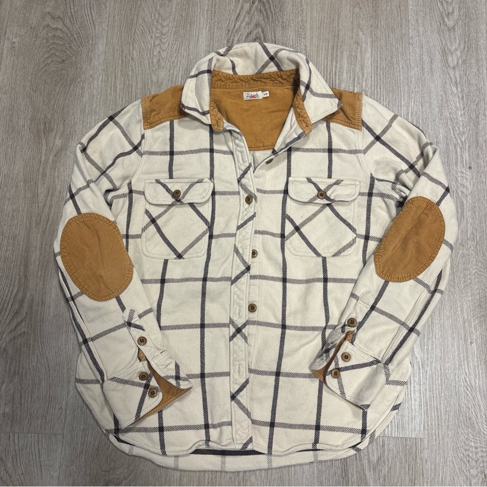 Faherty Shirt Womens Medium Misty Plaid Daly Corduroy Trim Elbow Patches Cowgirl